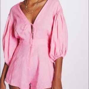 Puff-Sleeved Linen Romper Anthropologie Size Small